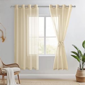 DWCN Lot de 2 Rideaux Voilages à Oeillets pour Fenêtre, Rideau Transparents avec Embrasses pour Salon Chambre d'enfant, Beige, 132x210cm (Largeur x Hauteur) (DWCN EU, neuf)