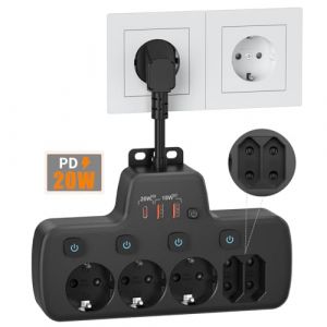 PD20W Multiprise Murale avec Interrupteur,Multiprise Electrique avec USB C PD20W et QC18W Charge Rapide Prise Multiple avec Interrupteur Individuel Bureau Cuisine Multiprise 5 Prises Parafoudre,Noir (Orkztek, neuf)