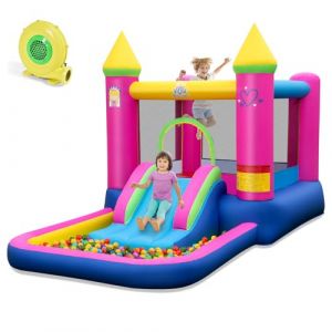 COSTWAY 4 en 1 Château Gonflable sur Thème Princesse avec Toboggan & Souffleur 480W, Aire de Jeux Gonflable avec Maison de Saut & Piscine à Balles, Charge Max 90kg pour 2 Enfants de 3-12 Ans (FDS GmbH, neuf)