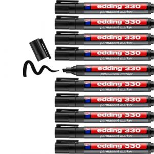 edding 330 Marqueur permanent - noir - 10 stylos - pointe biseaut&eacute;e 1-5 mm - s&egrave;che vite, r&eacute;siste &agrave; l'eau et aux frottements - pour carton, plastique, bois, m&eacute;tal, verre (Conipa Online - tres bien, neuf)