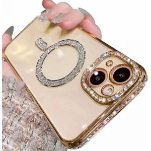Lomzexwi Coque pour iPhone 15, Coque en silicone transparent bling avec strass magn&eacute;tique pour femmes et filles, coque de protection antichoc et anti-rayures de luxe pour iPhone 15, Or (Zexnig, neuf)