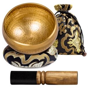 Bol Tibetain, Bol Tibétain Artisanal Fabriqué pour Méditation Yoga Détente Guérison avec Maillet en Cuir et Bol Chantant, Bol Tibetain Fait Main (ShopHop Business, neuf)