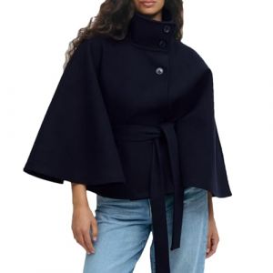 Poncho &agrave; manches chauve-souris pour femme - Cabans en laine - Col montant - Ceinture - Capes veste - Manteau cape &eacute;l&eacute;gant &agrave; simple boutonnage, bleu marine, S (ADNCHOR, neuf)