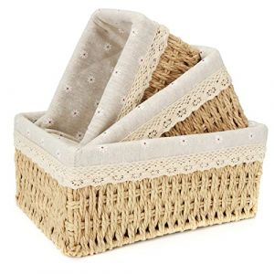 GOYADA 3 Pcs Panier en Osier Rangement Panier Osier Rectangulaire, Corbeille Tressé Rectangulaire avec Tissu Jaune à Marguerites pour Salle de Bain, Décor à la Maison, Chambre à Coucher, Jouets (CAO LEI, neuf)