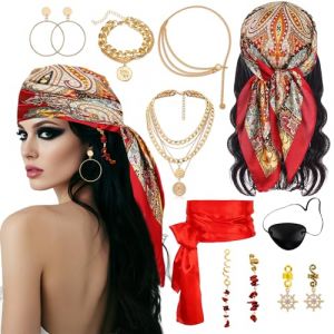 Lot de 10 accessoires de costume de pirate pour femme - Costume de pirate pour femme - Accessoire de carnaval pour femme - Avec foulard, ceinture de taille, collier, bracelets, masque pour les yeux (lulu-eu, neuf)