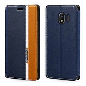 Shantime Étui à Rayures Classiques Simili Cuir Compatible avec Samsung Galaxy Grand Prime Pro, Fermeture Magnétique Cachée, Fente Carte, Design Contrasté(Bleu) (Shantime, neuf)