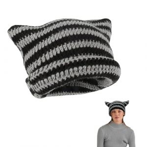 langyoujia Chapeau tricoté, Chapeau d’Oreille de Chat d’Hiver, Chapeau de Chat pour Femmes Y2K, Bonnet rétro, Chapeau d’Oreille de Chat Chaud d’Hiver (Noir-Gris) (LangQingyan-EU, neuf)