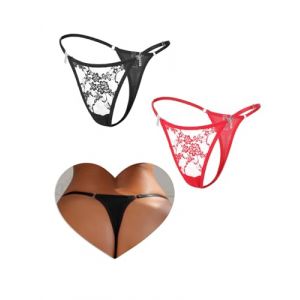 comeondear Mini String Femme Sexy Chic Hot Ficelle Grande Taille Micro String Bikini Maillot de Bain Tanga Dentelle Culotte sous-v&ecirc;tements Feminins Slip Taille R&eacute;glable Lot de 2 2-Noir+Rouge,XL (ComeonDear, neuf)