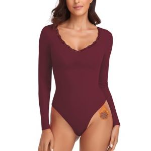 WOWENY Body thermique &agrave; manches longues &eacute;l&eacute;gant pour femme avec dentelle et col en V en polaire chaud et confortable, rouge bordeaux, L (Naughty Fashion Mode, neuf)