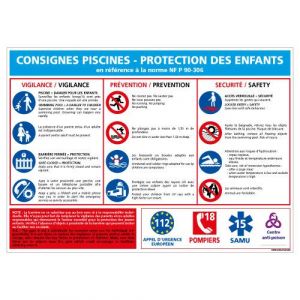 Panneau - Consignes Piscine Protection Enfants - Plastique rigide PVC 1,5 mm - Dimensions 300 x 210 mm - Protection Anti-UV (Forum France, neuf)