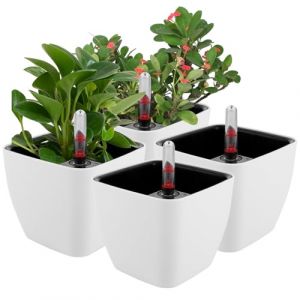 AKOLAFE Lot de 4 pots à herbes aromatiques, à arrosage, auto-arrosage, avec indicateur de niveau d'eau, en plastique, blanc, petits, pour plantes d'intérieur, 13 x 10 x 11 cm, 13 x 10 x 11 cm (LU YUANWEI, neuf)