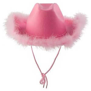 Générique Chapeau Cowboy Femme, Chapeau Rose avec Plume Duveteux Plume Bord Taille Adulte Chapeaux De Cowboy pour Bachelorette Costume Party Jouer Habiller des Tenues pour Les Femmes Bonnet Tricoté (DoraHe, neuf)