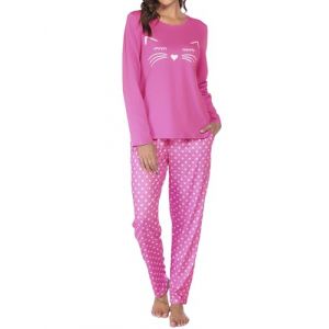 TeJoyce Pyjama Femme Hiver Coton, Ensembles de Pyjama Femmes Manches Longues Motif Chat et Pantalon &agrave; Pois avec Poches, V&ecirc;tements de Nuit Femme, Tenue de Maison Douce et Confortable S-XXL (TeJoyce-FR, neuf)