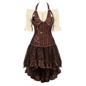 Grebrafan Corset Cuir Steampunk Deguisement Bustiers et Jupe und Chemisier Pirate (EUR(42-44) 3XL, Noir) (Zhi Gong, neuf)