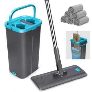MASTERTOP Balai Serpillère et Seau Essoreur, Seau Balai Serpillière Rotatif 360°, Balai Microfibre Plat, Vadrouille Mains Libre pour Nettoyage Sol, avec 6 Tampons Réutilisables (Gris foncé) (MASTERTOP, neuf)