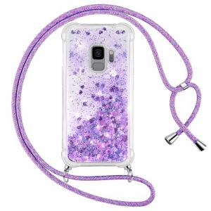 Vauki Coque pour Samsung Galaxy S9 avec Cordon, Paillette Liquide Transparent Crystal Glitter Housse, Protection Antichoc Silicone Souple TPU Bumper Case,R&eacute;glable Collier pour Samsung S9, Violet (HARMONIQUE WAY, neuf)
