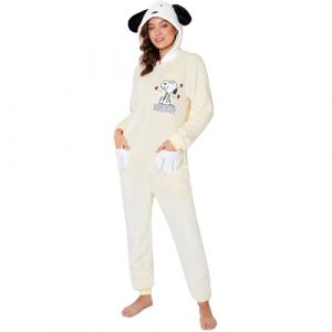Peanuts Snoopy Pyjama Femme Combinaison Polaire Douce Hiver Chaud, Grenouillere Ado Pilou Pilou avec Capuche et Oreilles 3D (XL, Beige) (Get Trend., neuf)