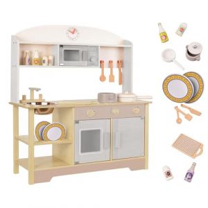 Cuisine pour Enfants equipee Complete en Bois avec Accessoires &ndash; Jouet Imitation Cuisine &ndash; &Eacute;vier, Four, Micro-Ondes, Ustensiles et Vaisselle &ndash; Jouet d&rsquo;Imitation Montessori D&icirc;nette &eacute;ducative Ensemble (siluk_24, neuf)