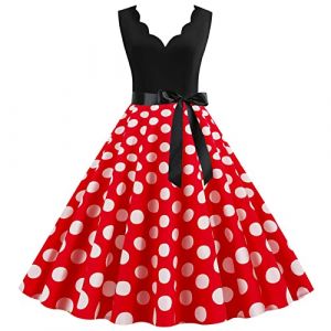 Robe Année 60 Femme Col V sans Manches Vintage Robes Style 1950's Audrey Hepburn Pin Up Rockabilly Élégante Polka Dot Swing Retro Robe Plissée Robe De Soirée Cocktail Mi Longue (Blingko, neuf)