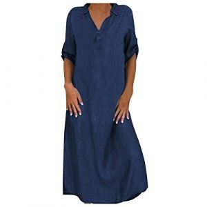 Robe d'été en jean pour femme - Grandes tailles - Robe chemise boutonnée - Robe longue longue à manches mi-longues - Robe chemisier - Col en V - Robe d'été - Robe tunique décontractée, bleu foncé, XXL (CHENQitore, neuf)