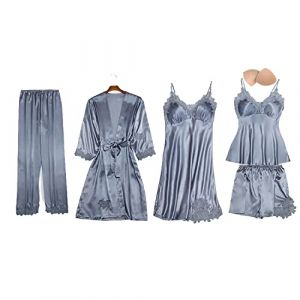 QraraZL Femme 5 Pi&egrave;ces Satin Pyjama Set, Dentelle Kimono Robe Pyjama Set, Sexy N&eacute;glig&eacute; Short et Pantalon Long Chemise de Nuit 5-pi&egrave;ces, avec Coussinets de Sein Gris argent&eacute; XL (beauty us, neuf)
