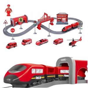 BASAMOU Train &Eacute;lectrique Enfant 3 4 5 6 7 8 Ans avec Lumi&egrave;res, Rouge Train Circuit Voiture &Eacute;lectrique Enfant, Jouet Piste de Course, V&eacute;hicules Jeux Gar&ccedil;on Fille Cadeau d'anniversaire No&euml;l (66PCS) (BASAMOU, neuf)