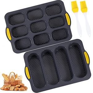 Frasheng 2 Pièces silicone Moulle à Baguette,Moule Perforé Antiadhésif,Plateau à Baguette 4 grilles,Mini Baguette Plaque à Pâtisserie 9 grilles,avec brosse à huile,pour le pain français (GRAVA DEVID, neuf)