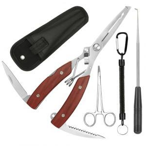 Annyswit 3 Pcs Ensemble de Pince à Pêche Portable avec Lanière & Forceps Courbés & Outil de Désinsertion & Étui Outils Multi Fonction Pince de Pêche Retire-Hameçons Coupe-Ligne pour Retirer Hameçons (nianliang, neuf)