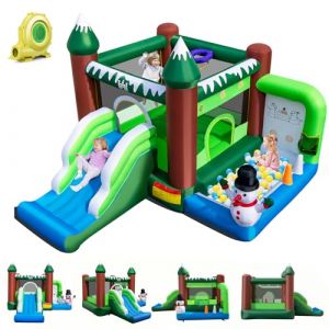 GOPLUS Château Gonflable Enfants, Toboggan, Fosse à balles, Panier de Basket-Ball, Trous de Lancement, Lancer d'anneaux, Décoration Bonhomme de Neige, souffleur 680W, intérieur/extérieur (Augenstern24, neuf)