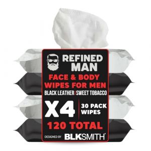 BLKSMITH Lot de 30 lingettes raffinées pour le visage et le corps pour homme – Cuir noir | Tabac doux – X4, lot de 30 lingettes (120 au total) – Lingettes de douche, lingettes corporelles pour homme, (PRIME DOGUKAN, neuf)
