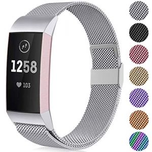 Faliogo Bracelet de Remplacement Compatible avec Fitbit Charge 3 Bracelet/Fitbit Charge 4 Bracelet, Bande Réglable en Métal en Acier Inoxydable pour Femmes, Petit Argent (Gehuaa-EU, neuf)