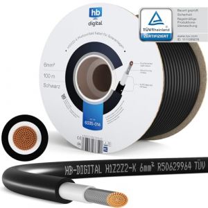hb-digital 100m Câble solaire 6mm² Photovoltaïque H1Z2Z2-K - Certifié TÜV Rheinland - Résistant aux UV Flexible 1500V Cable PV pour Panneau solaire Régulateurs de charge Onduleurs - Noir (HB-DIGITAL, neuf)
