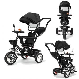 Tricycle Enfant &Eacute;volutif avec Si&egrave;ge R&eacute;versible Tricycle V&eacute;lo Enfant avec Espace Rangement Pare-Soleil Canne T&eacute;lescopique et P&eacute;dales Amovibles Tricycle &agrave; Pousser pour Filles et Gar&ccedil;ons (Noir) (XUASHW, neuf)
