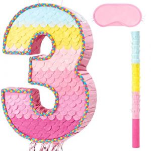WERNNSAI Pi&ntilde;ata d'anniversaire &ndash; Pi&ntilde;ata chiffres de 3 ans pour anniversaire fille gar&ccedil;on enfants multicolore &agrave; suspendre remplie avec masque pour les yeux, b&acirc;ton, pompon, cordon d'extraction (Wernnsai Direct, neuf)