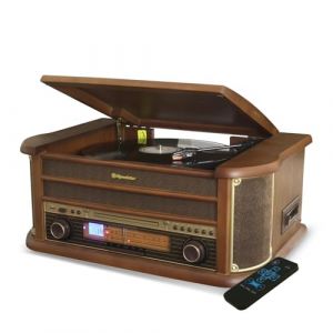 Platine Vinyle Roadstar HIF-1993BT 33-45-78 TRS, 2 Enceintes 32W PMPO, CD, Cassette, USB, Bluetooth, FM AM Radio, Finition Bois (SONO-ENERGIE, neuf)