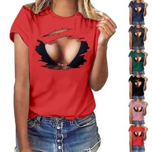 Femmes Tee Shirt Drôle Gros Seins Imprimé Motif 3D T-Shirt À Manches Courtes Tshirt Décontracté Tops Col Rond Mignon 3D Seins D’été Tops Imprimer Tees (ELECTRI, neuf)