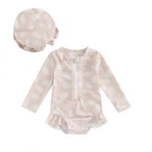Carolilly Maillot de Bain Une Pièce Bébé Fille à Volant Imprimé Floral, Maillot de Bain Anti-UV à Manches Longues avec Chapeau (6 Mois à 3 Ans) (Beige, 18-24 Months) (La Vie Brillante, neuf)
