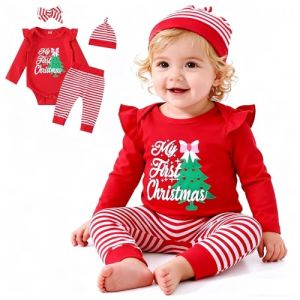 FUTERLY Tenue Noel Bebe Fille Vetement Bebe Fille Noel Mon Premier Noels Costume Bebes Filles Nouveau-n&eacute; Ensemble Bebes Filles Noels Deguisement B&eacute;b&eacute; Body + Pantalon + Chapeaux + Bandeau 3-6 Mois (GYFS-store, neuf)