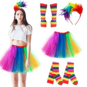 JWTRSVTY 4 PCS Tutu Arc en Ciel Femme D&eacute;guisement, Jupes En Tulle Arc En Ciel Set, Avec Jupes Tulle Arc-en-Ciel, Chaussettes Arc-en-ciel Au Genou, Gants Sans Doigts, Bandeau &agrave; Plumes Color&eacute;es (Treasures-EU, neuf)