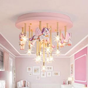 Plafonnier LED Licorne Rose Lampe de chambre d&rsquo;enfant Dimmable 3-Couleur Cr&eacute;atif lampe &agrave; suspension Chambre de Fille Moderne Dessin Anim&eacute; Lustre Princesse Chambre de B&eacute;b&eacute; &Eacute;clairage de plafond 40*40cm (SAIVITT, neuf)