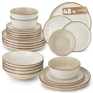 vancasso Reno Service de vaisselle moderne pour 12 personnes, 48 pi&egrave;ces, en gr&egrave;s, avec assiettes plates, assiettes &agrave; soupe, assiettes &agrave; dessert, bols, compatible lave-vaisselle et micro-ondes, beige (vancasso Reactive Art, neuf)