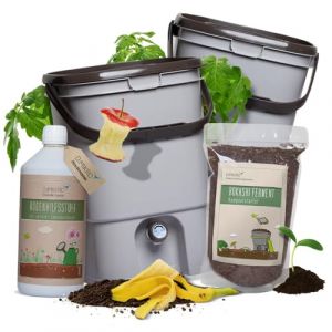 Kit de démarrage Bokashi - Design japonais - 2 seaux (gris) + ferment Bokashi + EM actif + brochure Bokashi (DIMIKRO, neuf)