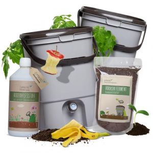 Bokashi - Kit de démarrage - Design japonais original - 2 seaux avec EM actif + ferment Bokashi - Seau à compost convertit les déchets de cuisine en engrais (gris) (DIMIKRO, neuf)