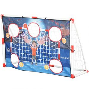 HOMCOM But de Foot et Cage de Handball ext&eacute;rieur 2 en 1 avec Cadre l&eacute;ger, 5 Zones cibles, Ballon de Handball Gonflable, Pompe Incluse, piquets de Sol en U (Aosom FR, neuf)
