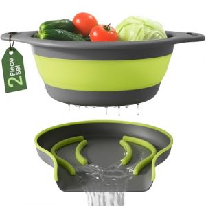 GEVOLI Grande passoire pliable avec base auto-drainante &ndash; Passoire de cuisine 5 L avec &eacute;vacuation lat&eacute;rale pour bord d&rsquo;&eacute;vier (Brevet en cours), vert (lot de 2) (Encased Ltd, neuf)