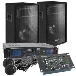 VONYX Kit Karaoke 500W Complet avec Amplificateur, Haut-Parleurs et C&acirc;bles - avec Table de Mixage, 2 Microphones, Id&eacute;al pour Animer Toutes Vos Soir&eacute;es (Sono Mat&eacute;riel, neuf)