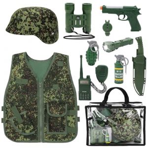 deAO Costume de Soldat pour Enfant, Ensemble Déguisement Militaire Camouflage avec Casque, Jumelles, Pistolet Jouet, Grenades Jouets, Accessoires Soldat Militaire, Costume de Jeu de Rôle de 3 Ans+ (FOSDA, neuf)