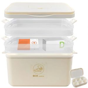 Bo&icirc;te &agrave; m&eacute;dicaments &agrave; 3 compartiments - Blanc cr&egrave;me - Grande bo&icirc;te &agrave; comprim&eacute;s avec s&eacute;parateurs pour la maison, la pharmacie de voyage et la salle de bain - L&eacute;g&egrave;re et empilable - En carton (MyiTong, neuf)
