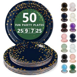 Nkaiso Assiette Jetable Anniversaire, 50 Pi&egrave;ces Bleu Marine Or Vaisselle en carton - 25 Assiettes Plateaux 23cm & 25 Assiettes Dessert 18cm - Pour Mariage, Anniversaire & &Eacute;v&eacute;nements (Nkaiso, neuf)