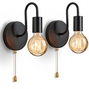 Lightess 2 Pack Applique Murale Industrielle Interieur, Lampe Murale avec Tirette Interrupteur, Vintage Fer E27 Noir Appliques pour Salon Chambre Couloir (Winverty, neuf)